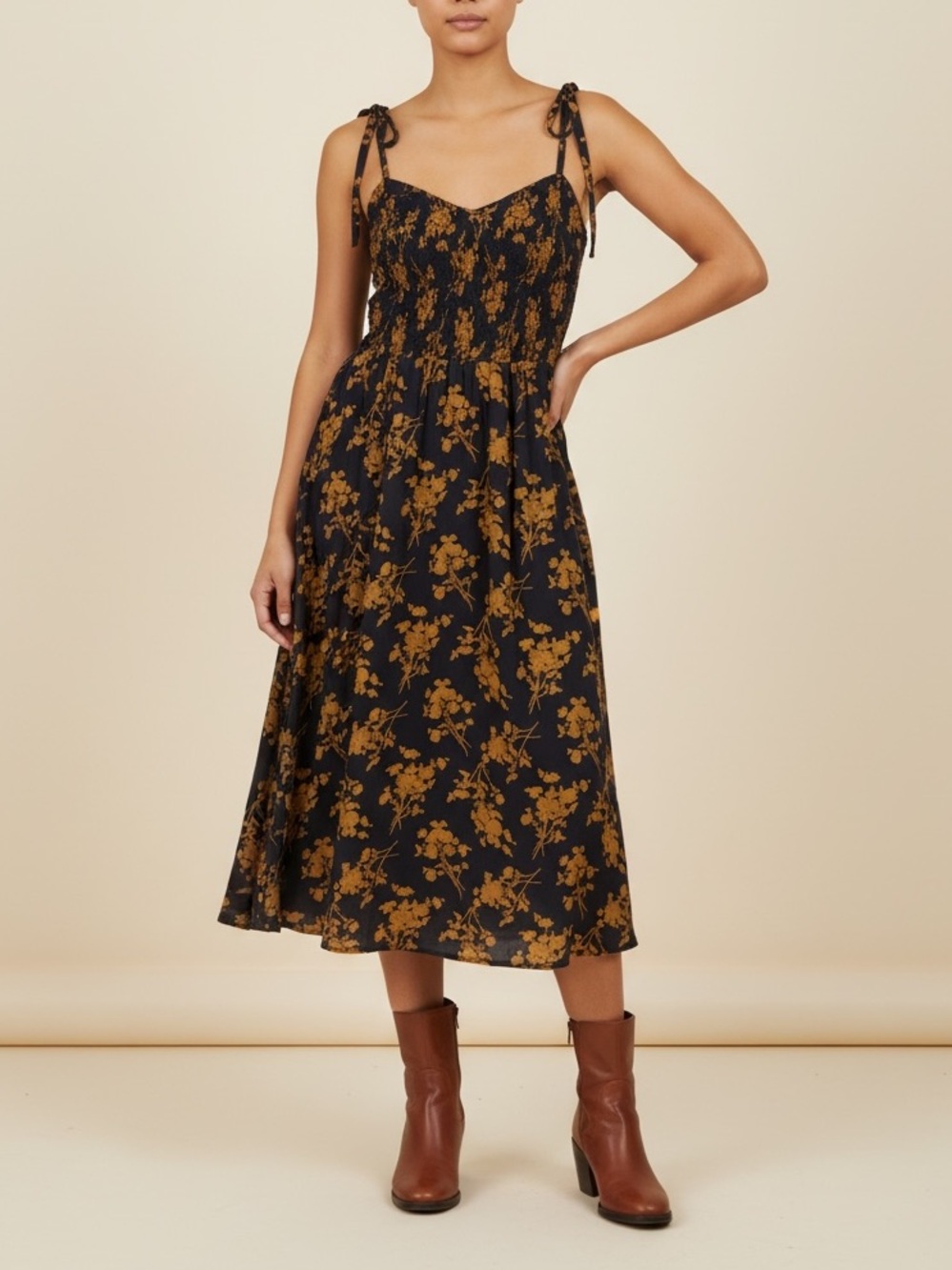 RESERVED• Cottagecore Black & Copper Floral Tie-Shoulder Midi Dress
